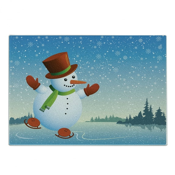 Snowman Cutting Board, Cartoon Happy Character Skating on Icy River Forest Trees Snowy Country, Decorative Tempered Glass Cutting and Serving Board, Small Size, Blue Orange Green, by Ambesonne