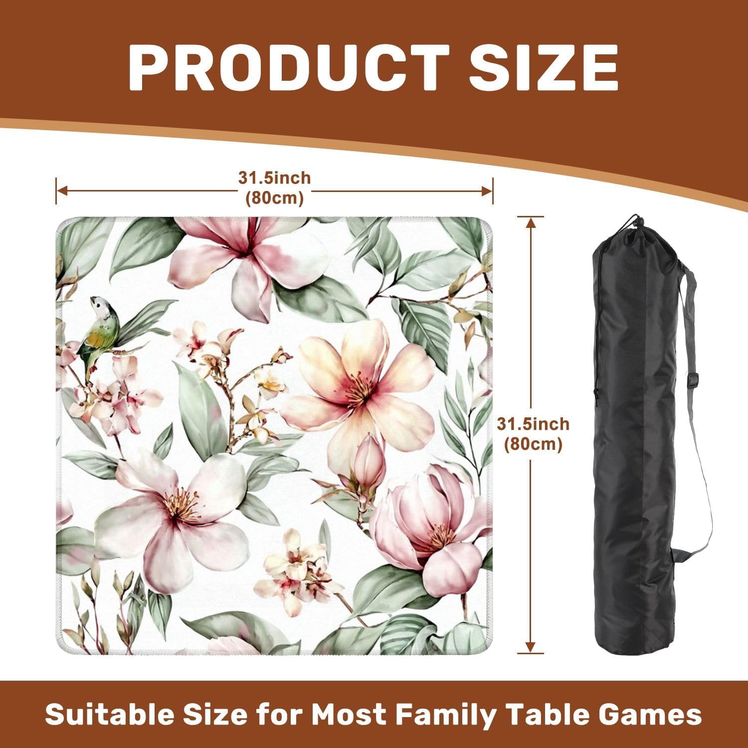 Mahjong Mat 31.5" x 31.5" Tropical Watercolor Exotic Jungle Plants Leaves Flowers Pastel Color Non-Slip Noise Reduction Mahjong Tiles Table Cover for Dominoes Poker Card Board and Tile Games