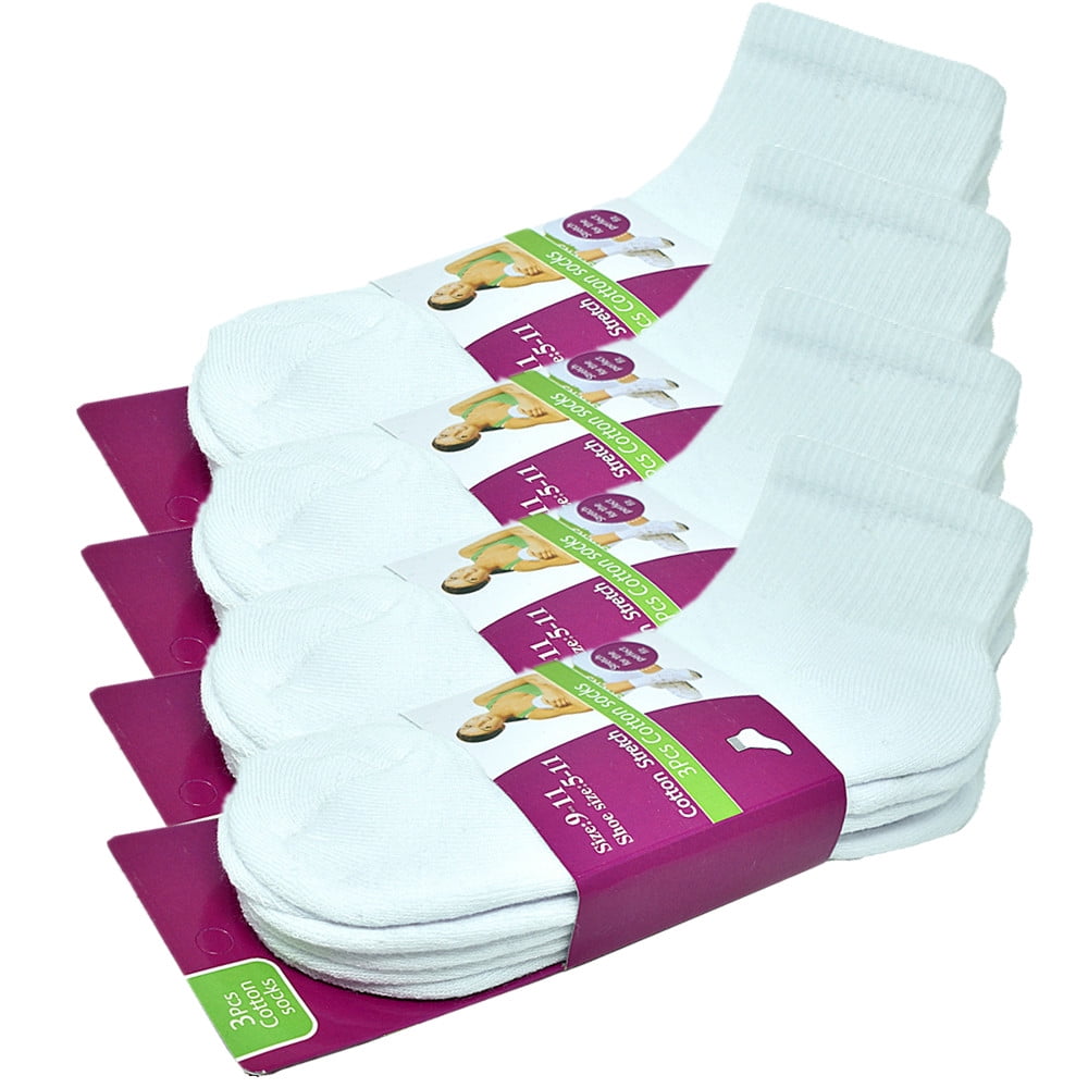 12 Pairs Women's Cotton Solid White Athletic Cushioned Ankle Quarter Socks Size 9-11