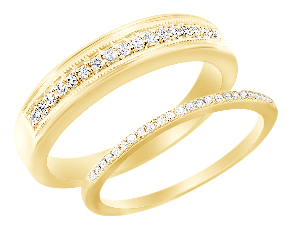 AFFY Round Cut White Natural Diamond His And Hers Wedding Band Set in 14K Yellow Gold (0.25 Cttw)