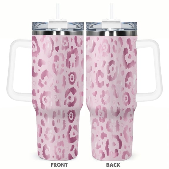 Pink Leopard Heart Pattern Travel Tumbler 40oz Insulated Car Cup with Handle Straw Stainless Steel Large Capacity Coffee Cup Cute Aesthetic Gift