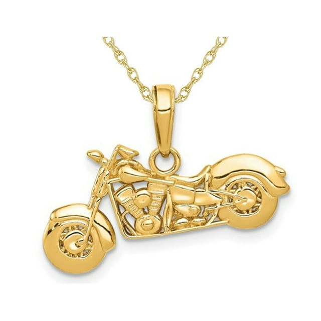 14K Yellow Gold 3-D Motorcycle Pendant Charm Necklace with Chain