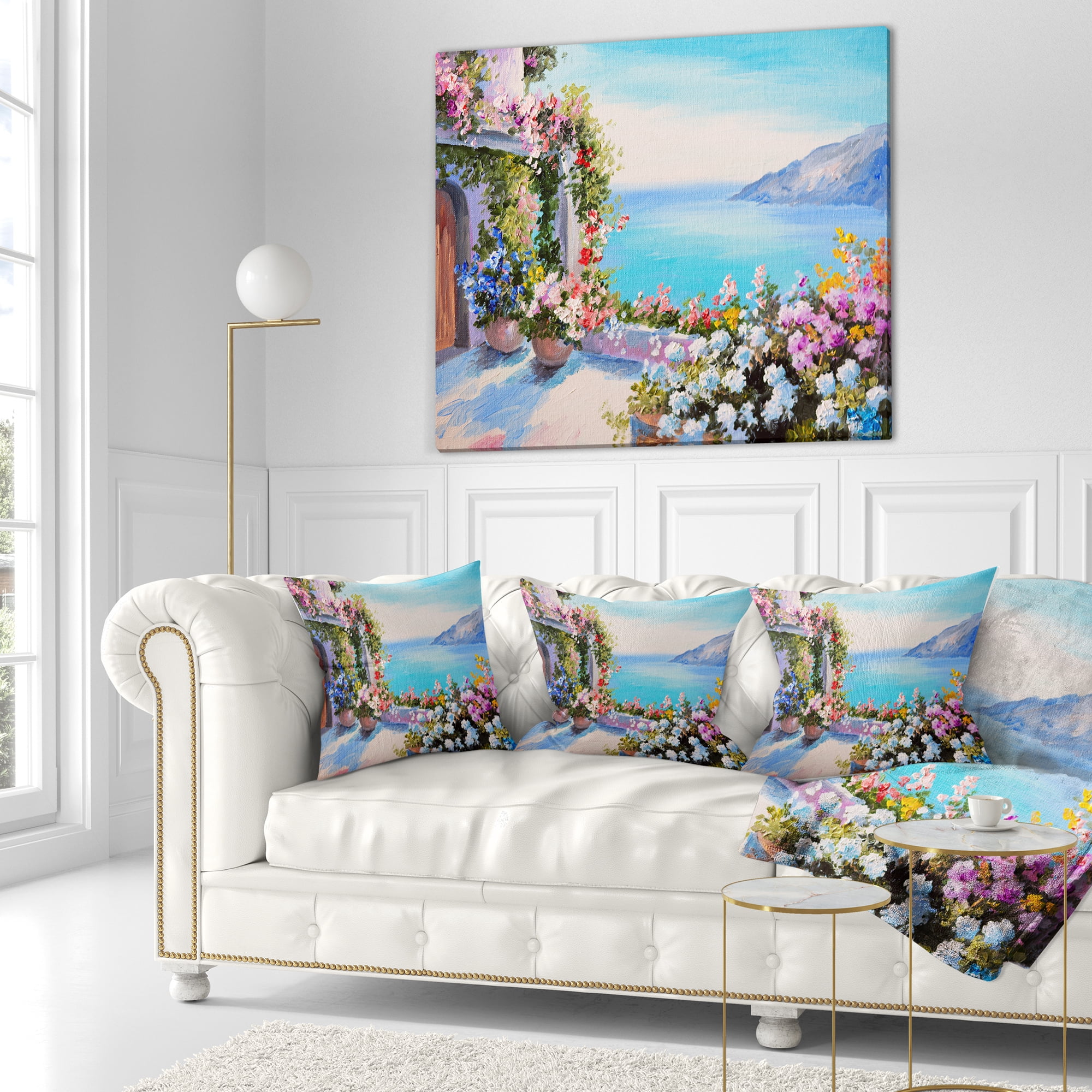 Designart Sea and Flowers - Landscape Printed Throw Pillow - 16x16