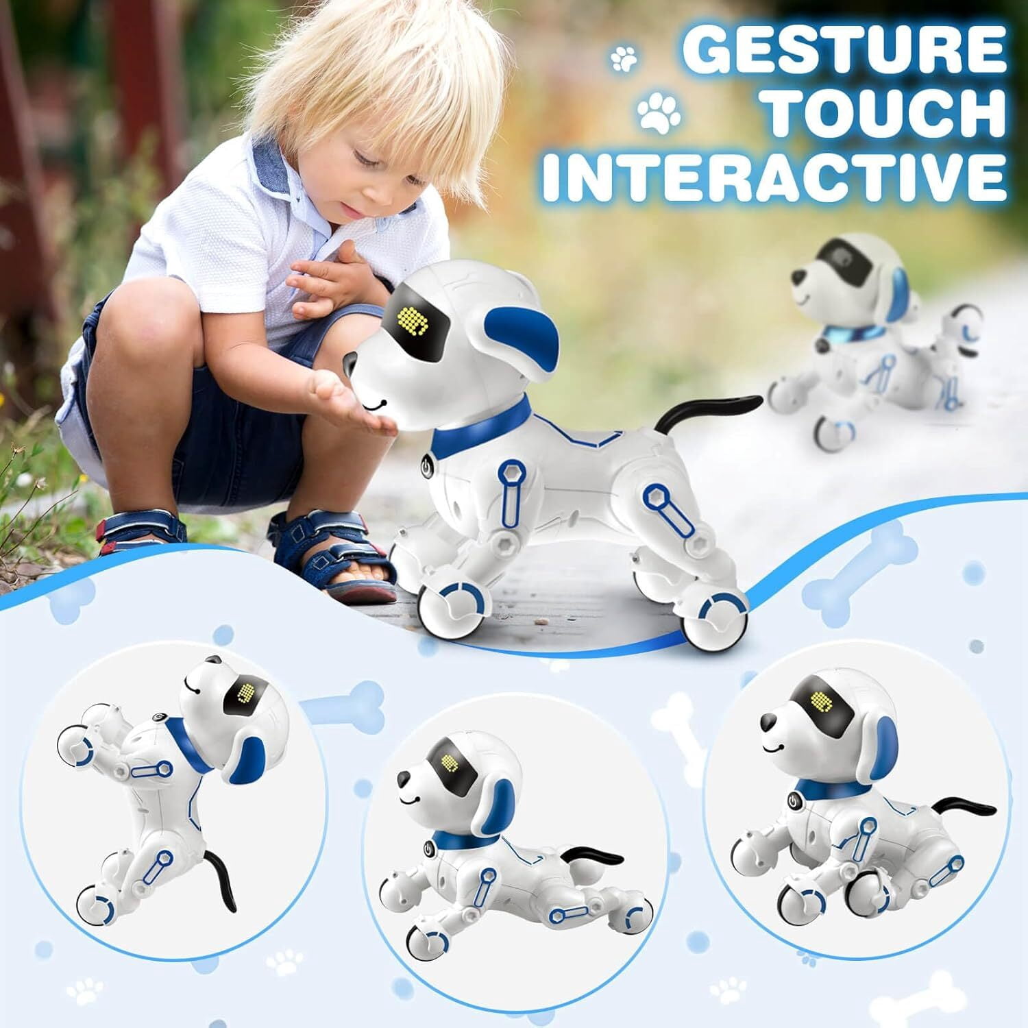Remote Control Robot Dog, Smart Programmable RC Electronic Pet Puppy with Early Education Function, White/Blue