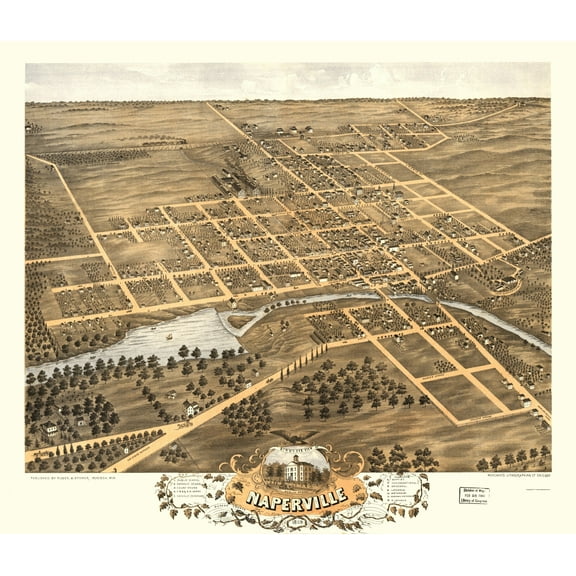 Historic Panoramic View - Naperville Illinois - Ruger 1869 - Vintage Wall Art