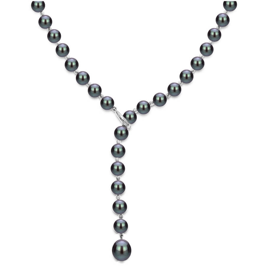 Sterling Silver 7-8mm Black Freshwater Pearl Beaded Lariat Y Adjustable Necklace, 19.5" by Generic