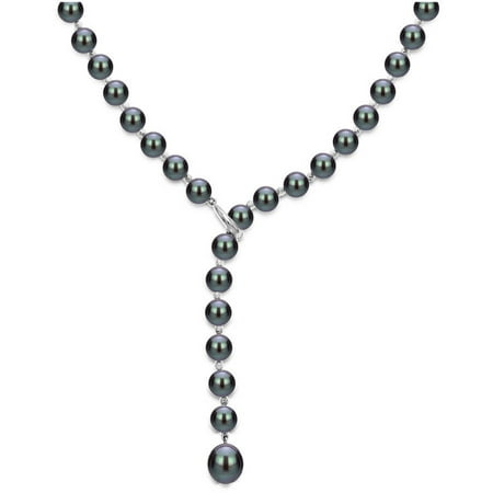 Sterling Silver 7-8mm Black Freshwater Pearl Beaded Lariat Y Adjustable Necklace, 19.5