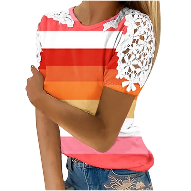 Camisas de Manga Corta para las Mujeres Impresión Cuello Redondo Suéter Encaje Camisa, Blusa de Verano Casual para las Mujeres