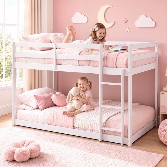 Solid Wood Low Bunk Bed for Kids, Sesslife Twin Over Twin Bunk Bed with Guardrails & Ladder, Non-Toxic Finish, No Box Spring Needed, Easy Assembly, White