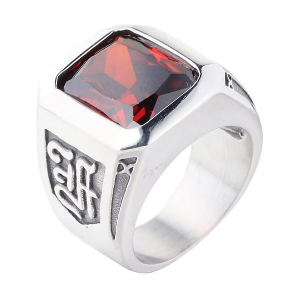 HIJONES Men's Stainless Steel Big Square Onyx Gemstone Signet Ring Sign Engraved Party Tumb Band Silver Red Stone Size 9