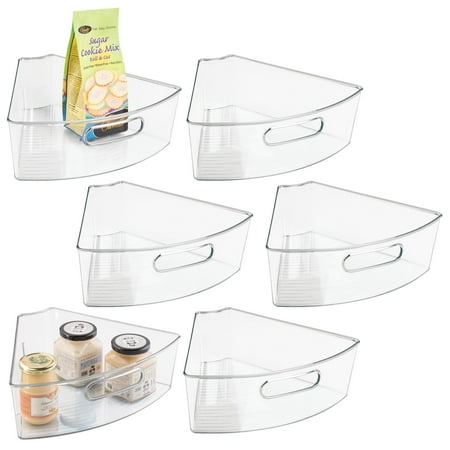 mDesign Kitchen Cabinet Plastic Lazy Susan Storage Organizer Bins with Front Handle - Large Pie-Shaped 1/6 Wedge - Ligne Collection - 6 Pack - Clear