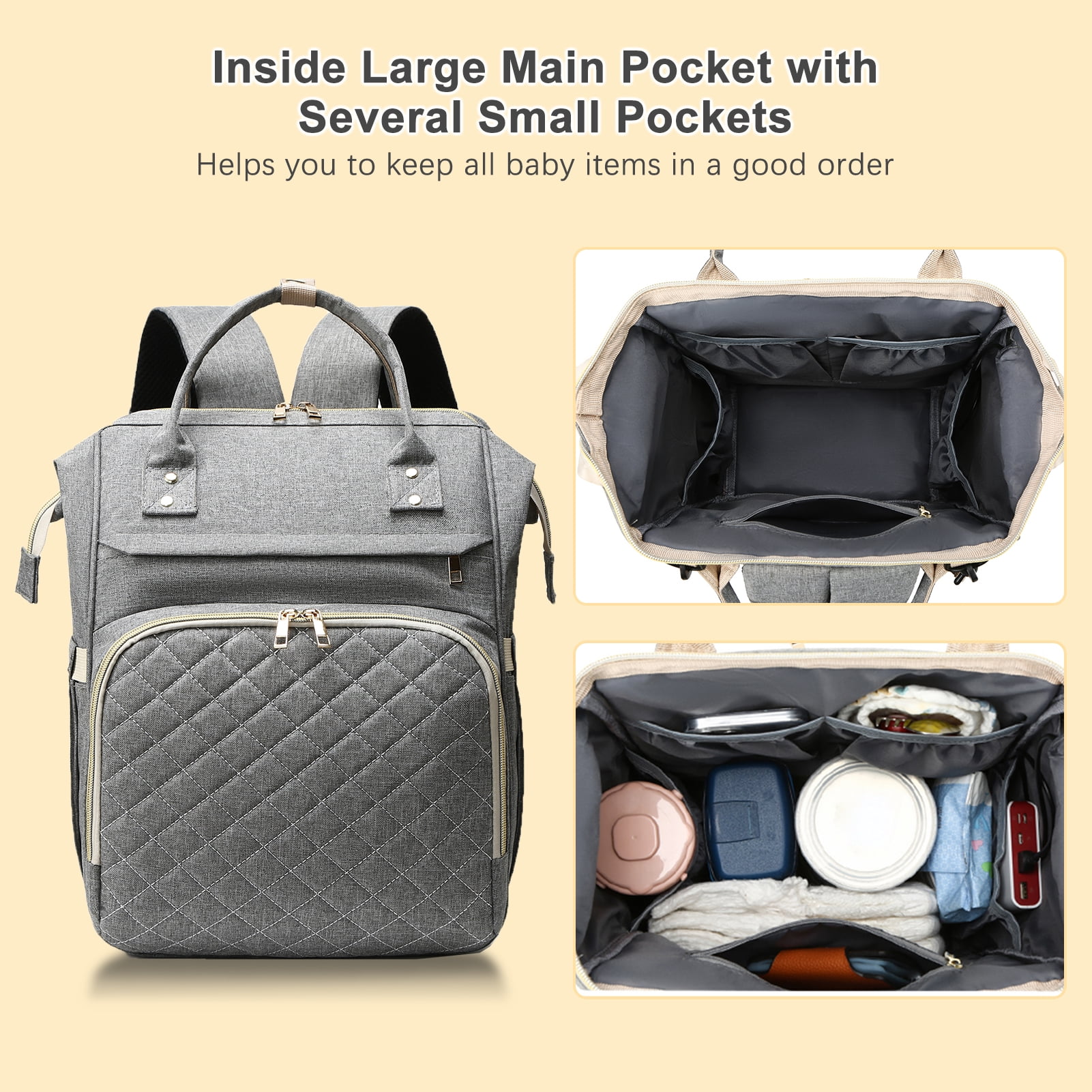 Large Capacity Portable Diaper Bag Backpack - Water-Resistant Baby Travel Nursing Bag with USB Charging Port, Stroller Straps, and 3 Insulated Pockets for Baby Bottles