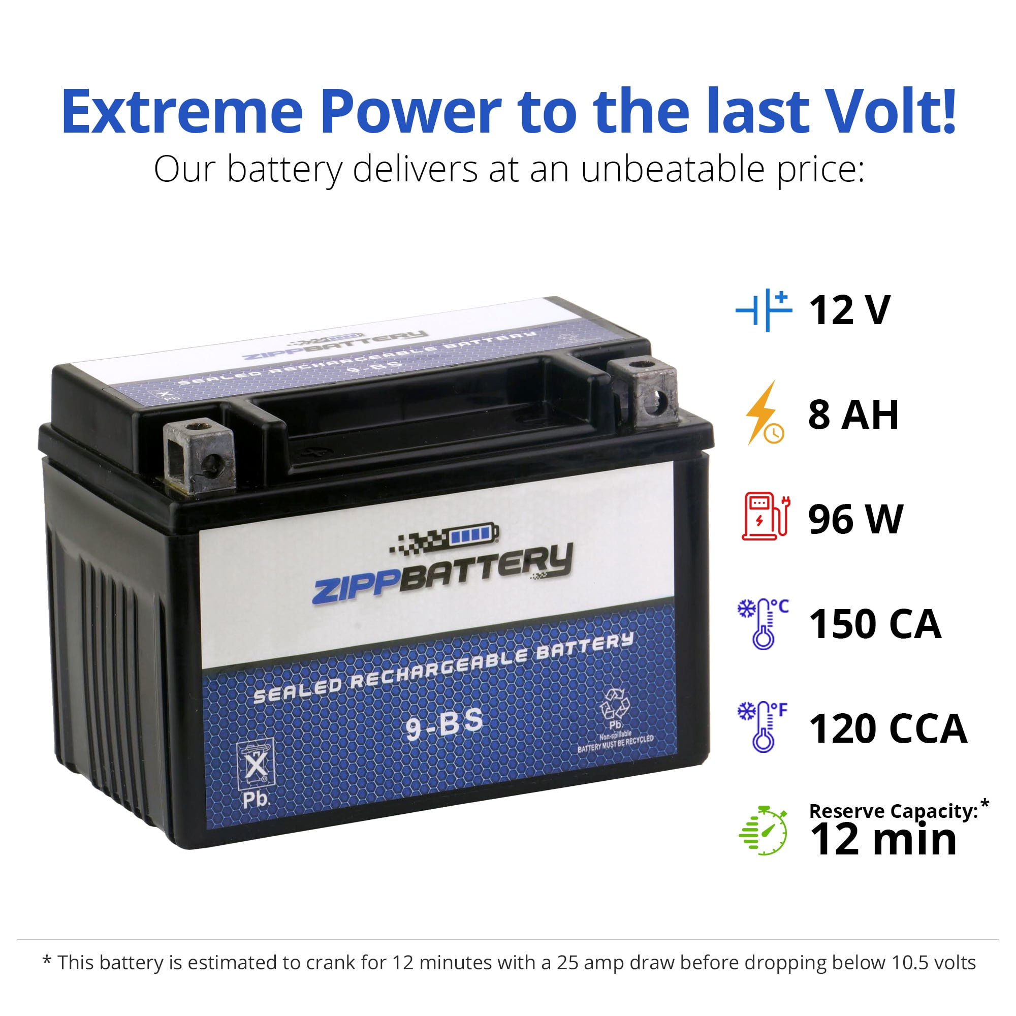 Zipp Battery Ytx9-bs (9-bs 12 Volts,8 Ah, 120 Cca) High Performance Power Sports Battery
