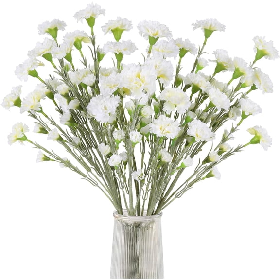 7.56in White Carnations Artificial Flowers 5heads Carnations Flowers Silk Flowers White Flowers Fake Flowers for Wedding Mother Home Office Decoration(White)