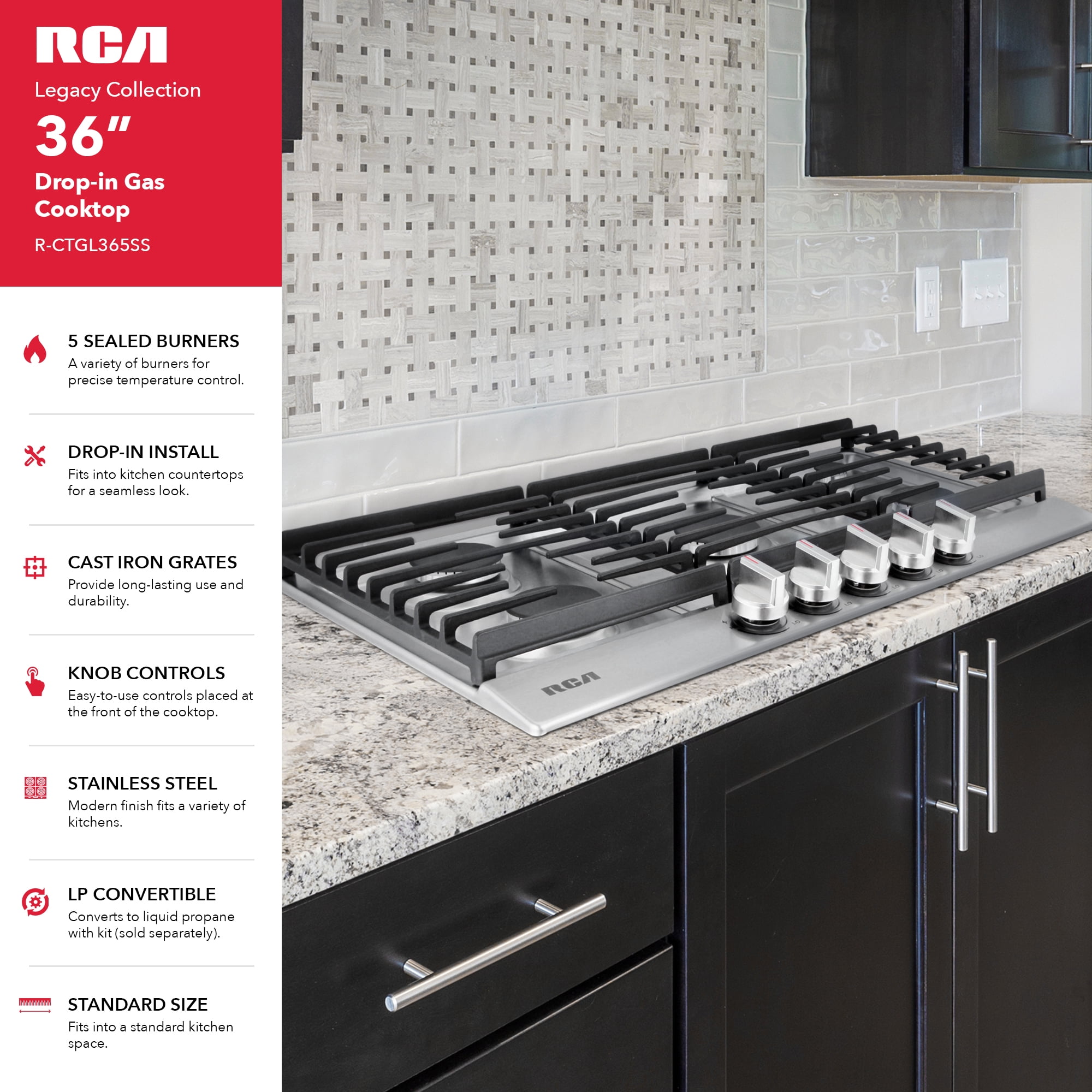 RCA 36 in. Legacy Collection Drop-In Gas Cooktop, 5 Burners, Cast Iron Grates, Metal Knobs in Stainless Steel