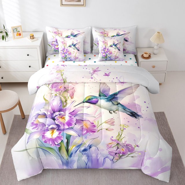 Erosebridal Hummingbird Bedding Sets Full Size, Purple Floral Comforter Sets with Sheets, Spring Oil Painting Decor, Reversible