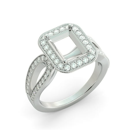 Emerald Semi Mount Ring - Emerald Halo Semi Mount Round Diamond Split Shank Engagement Ring 18k White Gold