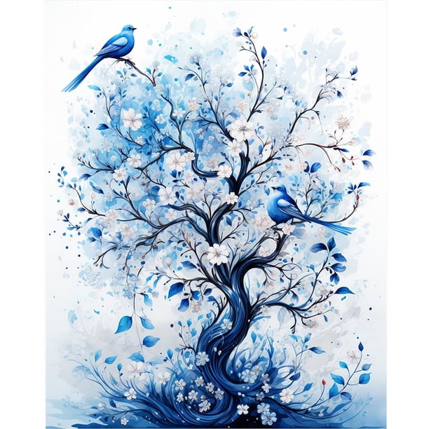 Pintura de diamante 5D DIY, kit de árbol de flores con taladro redondo completo, decoración del hogar, 40x50cm, azul