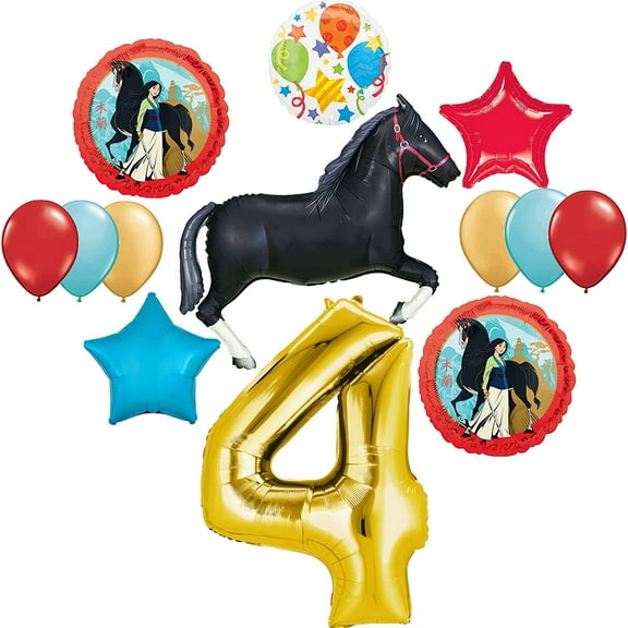 Mulan 4th Birthday Balloon Bouquet Party Supplies and Black Horse Decorations