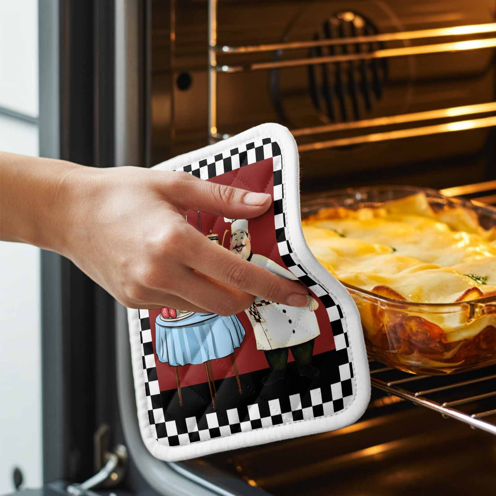 Chef Pot Holders for Kitchen Heatproof Potholder, 5 Pack Cartoon Red Food Cooking Black White Buffalo Check Hot Pads Multipurpose Oven Pads Cloth Potholders Trivet for Cooking Baking