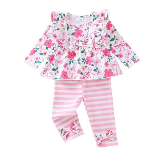 12 Months Baby Girls Clothes 18 Months Girls 2PCS Floral Outfits Set Toddler Girls Long Sleeve Flower Top Stripe Pants Clothing Set Pink