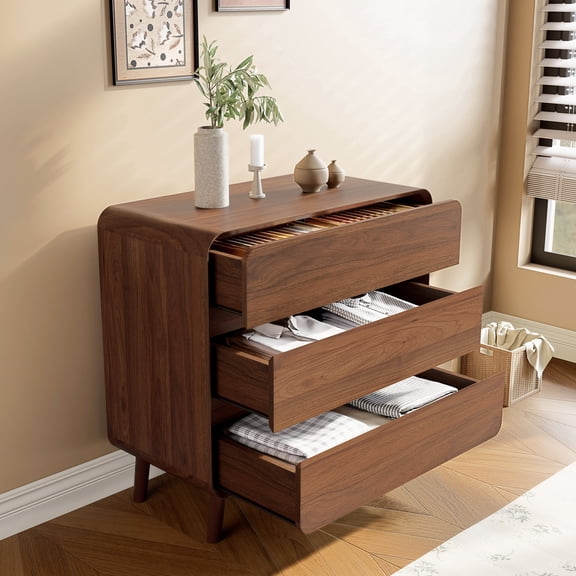 Roofar 3 Drawer Dresser for Bedroom Mid Century Modern, Wide Chest of Drawer & Dresser, Curved Edge, Walnut