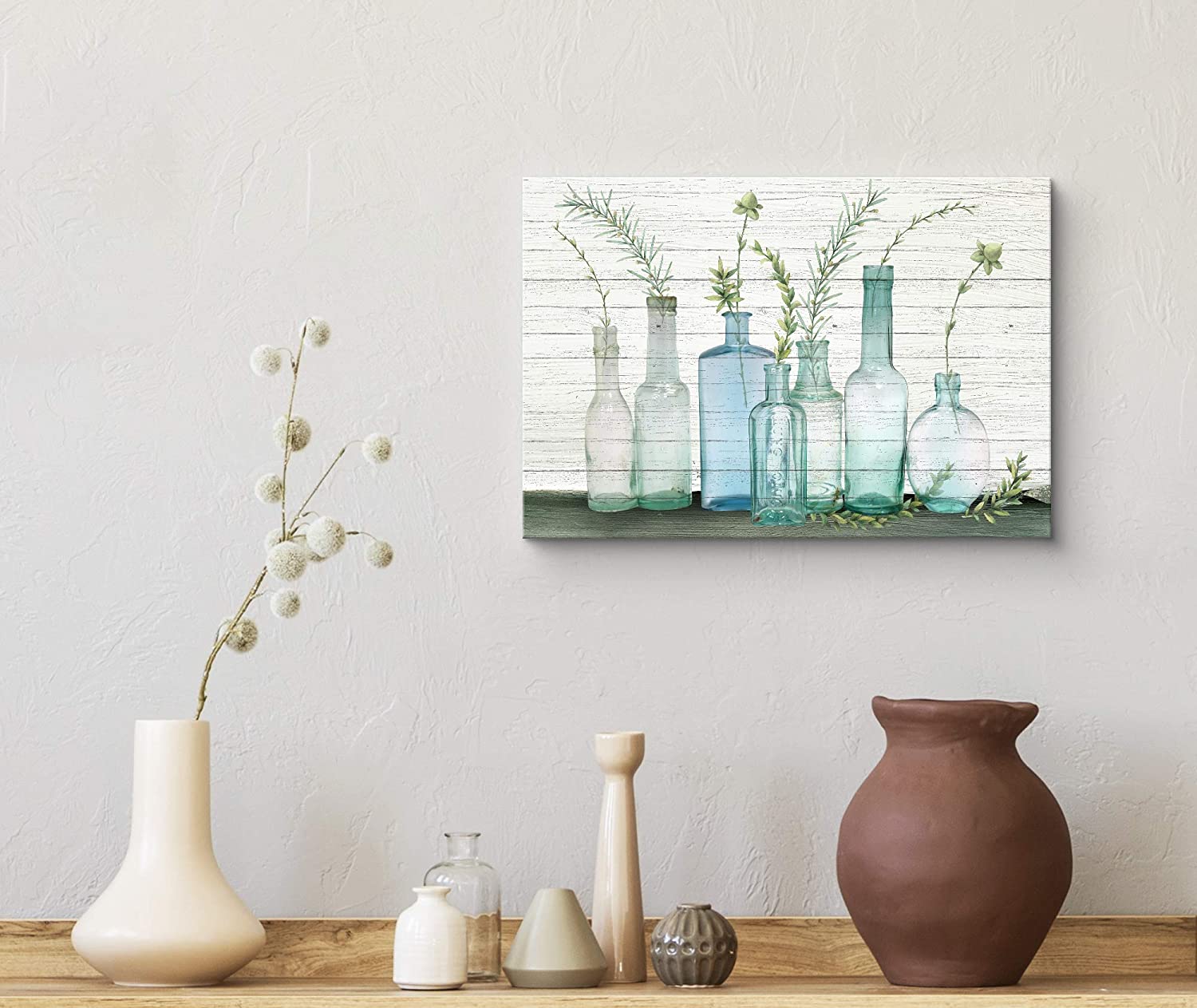 wall26 Canvas Print Wall Art Wood Block Green Forest Leaves in Blue Glass  Bottles Floral Nature Watercolor Minimalism Rustic Scenic Colorful Pastel  for Living Room, Bedroom, Office 24quot;x36quot