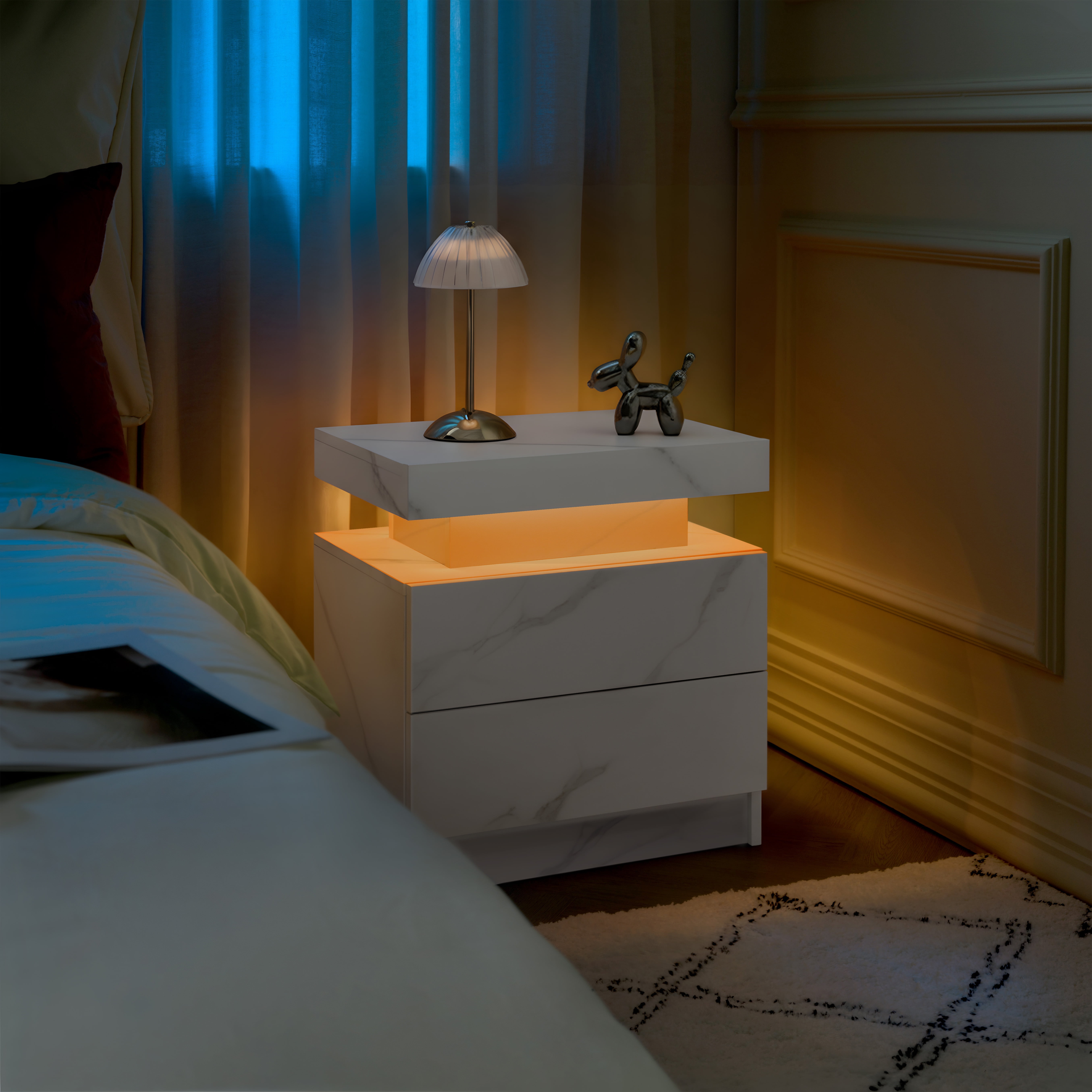 Leumius 2 Drawer Modern Nightstand with LED Light Small Bedside Tables End Side for Bedroom,Matte White