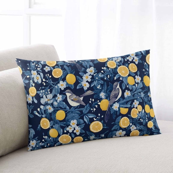 Lemon Bird Throw Pillow Cover, Pillowcase Protectors with Zipper, Breathable Decorative Lumbar Pillow Case Cover, Blue Yellow Pastoral Flowers Plant Summer Pillow Shams for Couch Sofa 12x20Inch