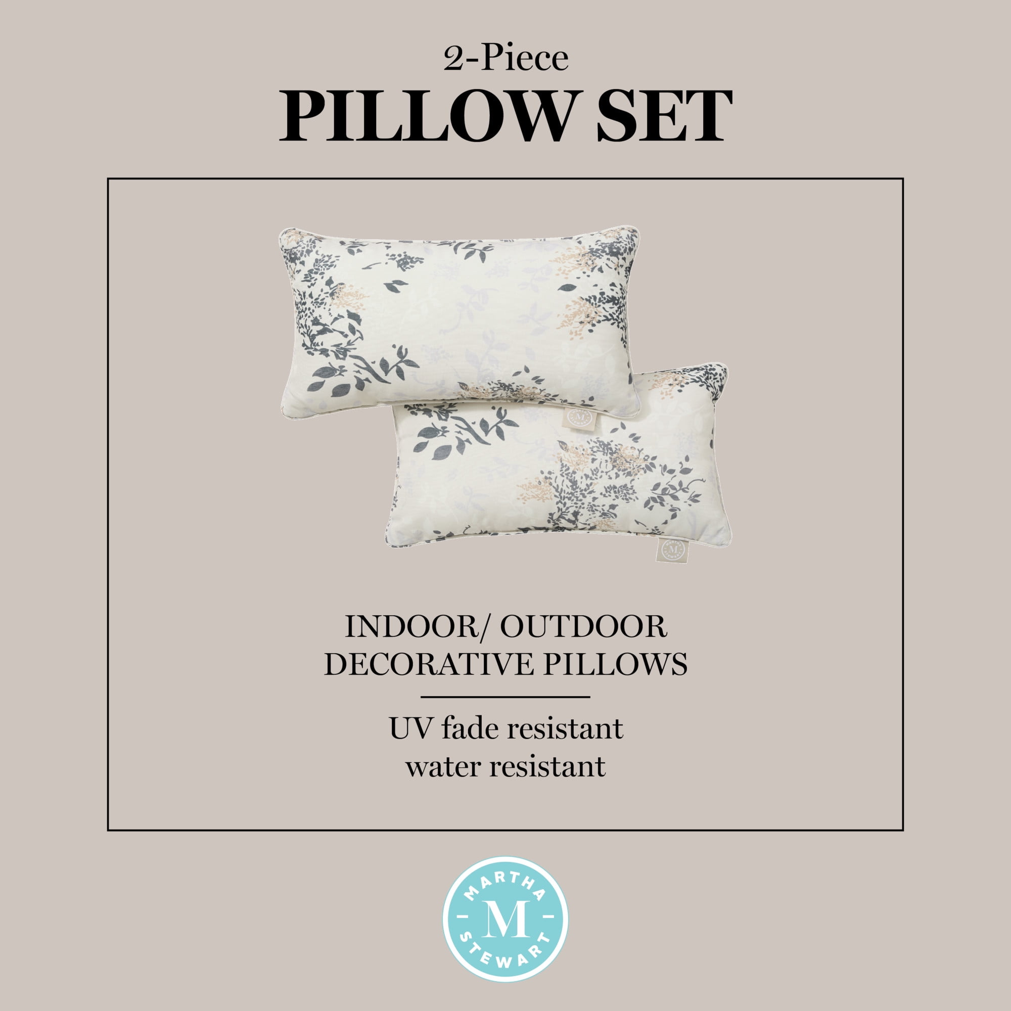 MARTHA STEWART Charming Foliage Indoor Outdoor Decorative Lumbar Pillow 2-Pack Set, UV Fade Resistant, Water Repellent, Printed Floral Design, Warm Grey, 11"x18"