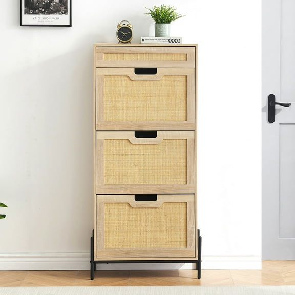 IdealHouse Adjustable Shoe Cabinet with 3 Flip Drawers and 1 Drawer, Wooden Oak Color