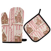 Yayeee Oven Mitts and Pot Holder Set of 2 Heat Resistant Kitchen Gloves Baking Hot Pad, Pink Candy House
