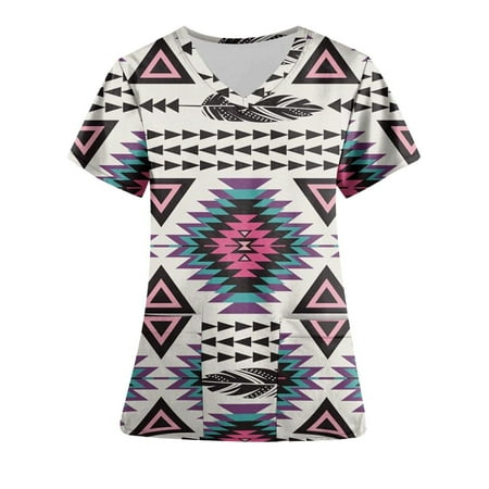 

SELONE Scrub Tops for Women Plus Size Short Sleeve Tops Blouses Regular Fit T Shirts Pullover Tees Tops Abstract Print T-Shirts V Neck Tops Vintage Blouses With Pockets T Shirts Breathable White XL