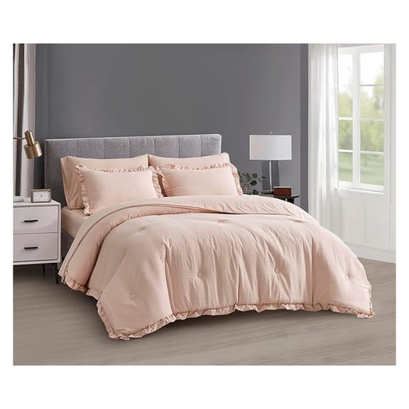 Eleanora King Bed in a Bag 7-Pieces Ruffled Edge Trim Soft Washed Double Brushed Microfiber Comforter with Sheets Lightweight All Season Bedding Set (King, Pink)