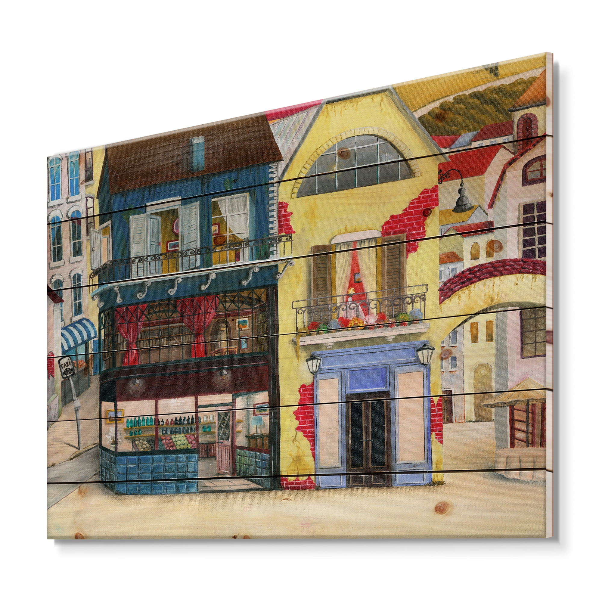 Designart 'The Colorful Facade of The Buildings In A Cozy Streets' French Country Print on Natural Pine Wood