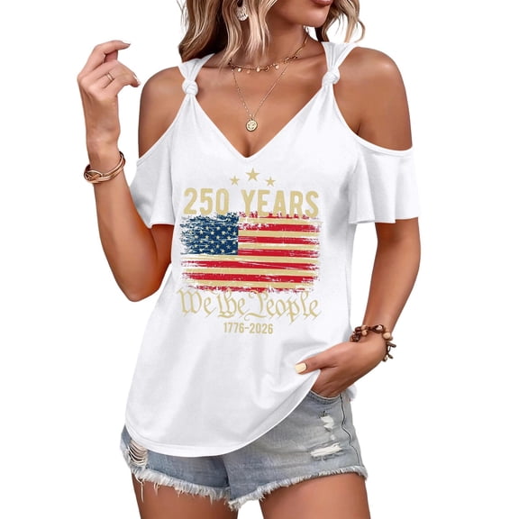Red White and Blue Shirts Women USA Flag V Neck Short Sleeve Tops 250th Anniversary Freedom Vintage Blouse, L