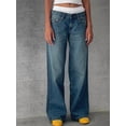 thumbnail image 4 of Women Y2k Low Rise Baggy Jeans Loose Fit Boyfriend Straight Wide Leg Trendy Stretch Long Denim Pants Washed Blue XS, 4 of 7