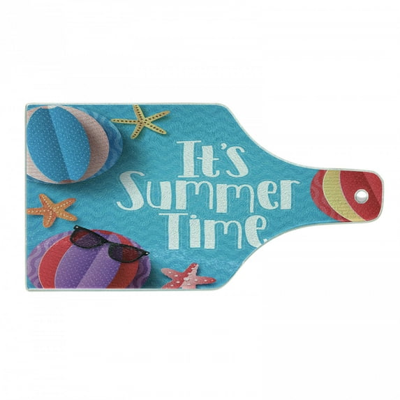 Pool Party Cutting Board, Its Summer Time Lettering with Beach Fun Sunglasses Starfish Balls Flip Flops, Decorative Tempered Glass Cutting and Serving Board, in 3 Sizes, by Ambesonne