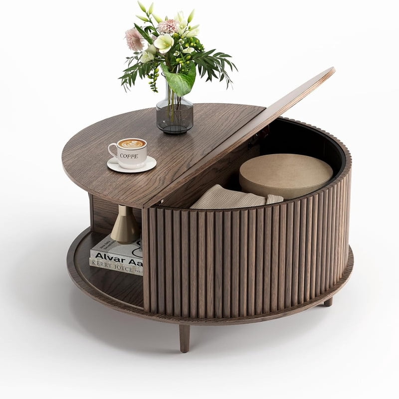 Kelno 31 Inch Round Coffee Table Mid Century Fluted Center Table with Sliding Door,Brown