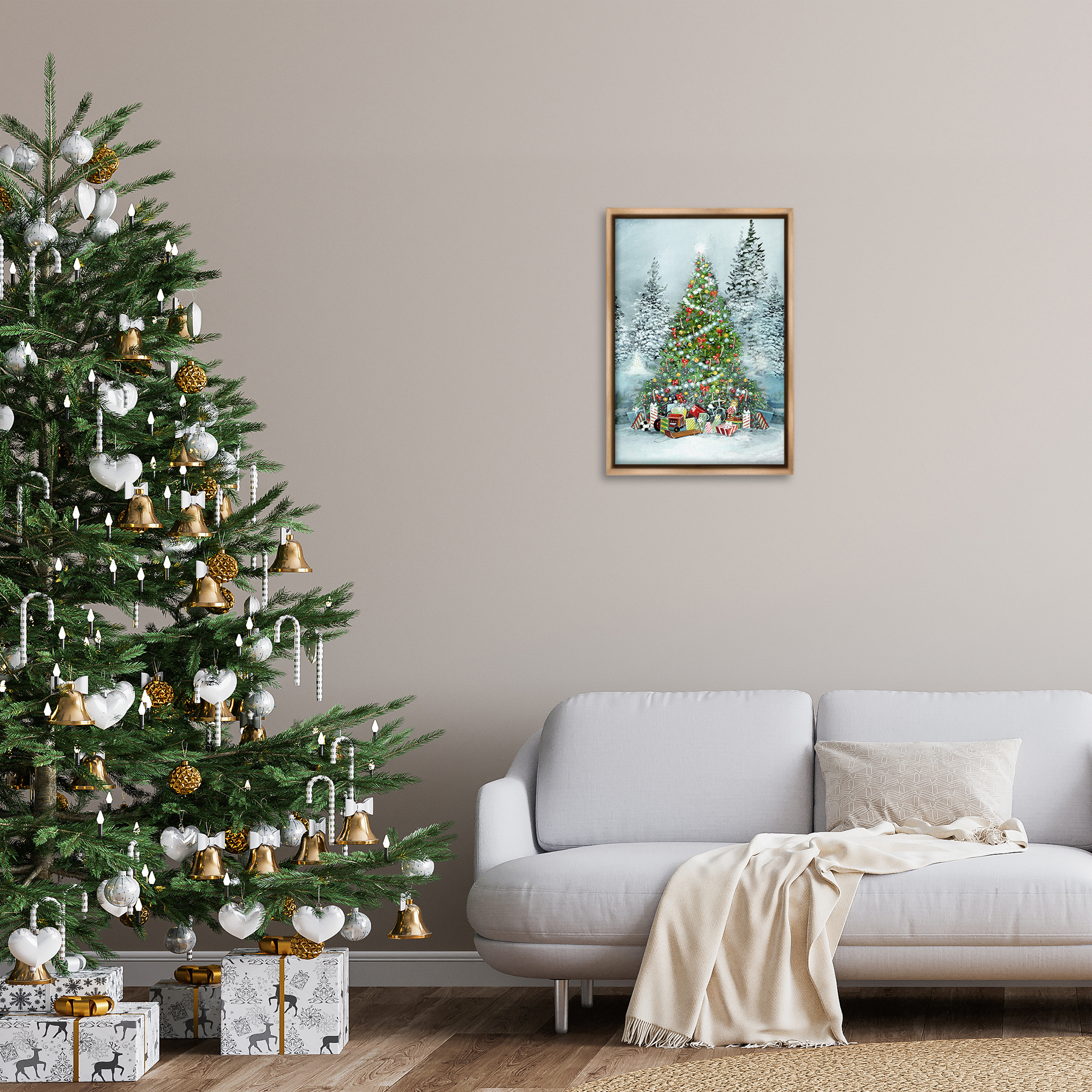 Stupell Industries Mistletoe Kisses Phrase Holiday Painting Brown Floater Framed Canvas Art Prints Wall Art, 17 x 25