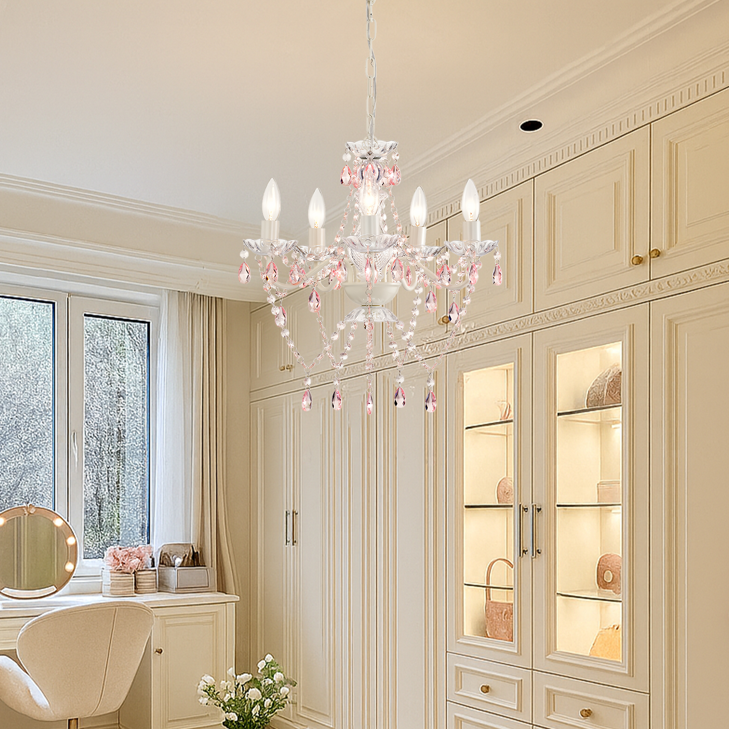 Small Crystal Chandelier 5-Light Pink and White Acrylic Chandelier Ceiling Light for Girls Bedroom Nursery Dining Room, E12 Base