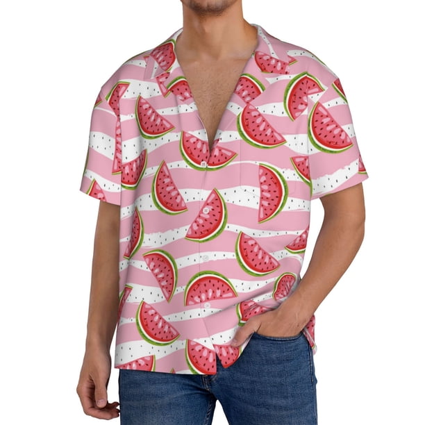 Fotbe Cute Watermelon Camisa Estampada de Manga Corta para Hombre, Casual de Verano, Estilo Playero, Sin Arrugas-X-Large