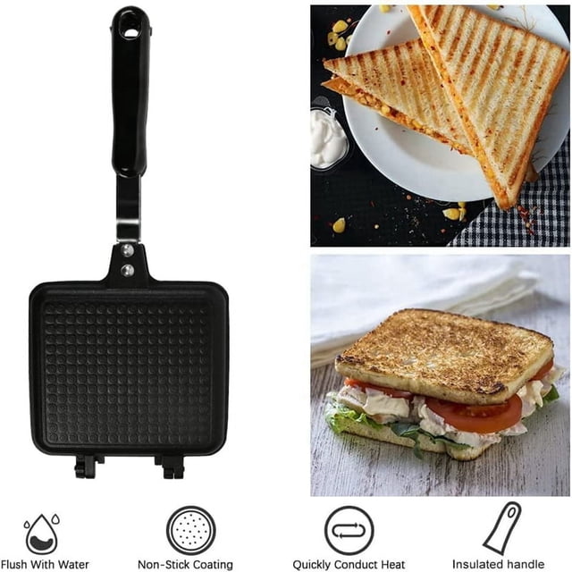 Sandwichera, sandwichera antiadherente, parrilla con asa, sartén de aluminio abatible para cocina casera
