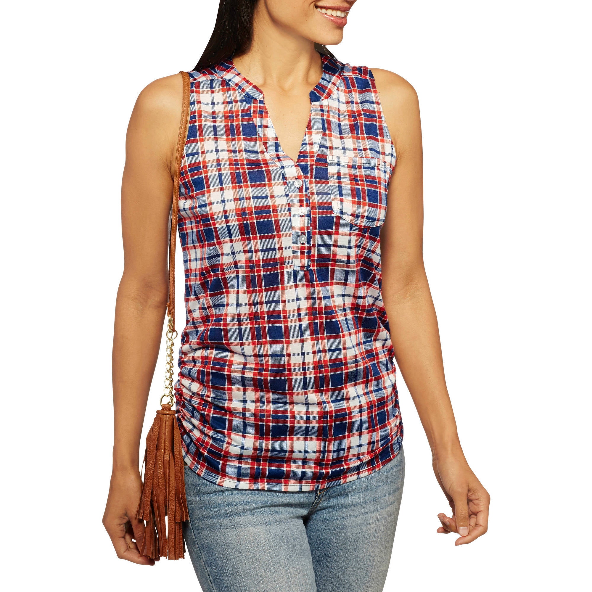 Women's Plaid Sleeveless Knit Henley Top