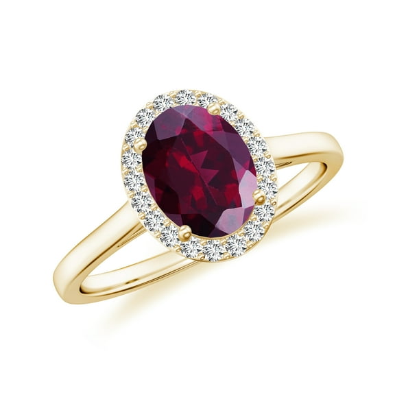 Natural Rhodolite Halo Engagement Ring with Moissanite in Yellow Gold Plated/ 925 Sterling Silver| Oval Shaped June Birthstone, Birthday, Anniversary, Wedding Jewelry, Ring Size 5