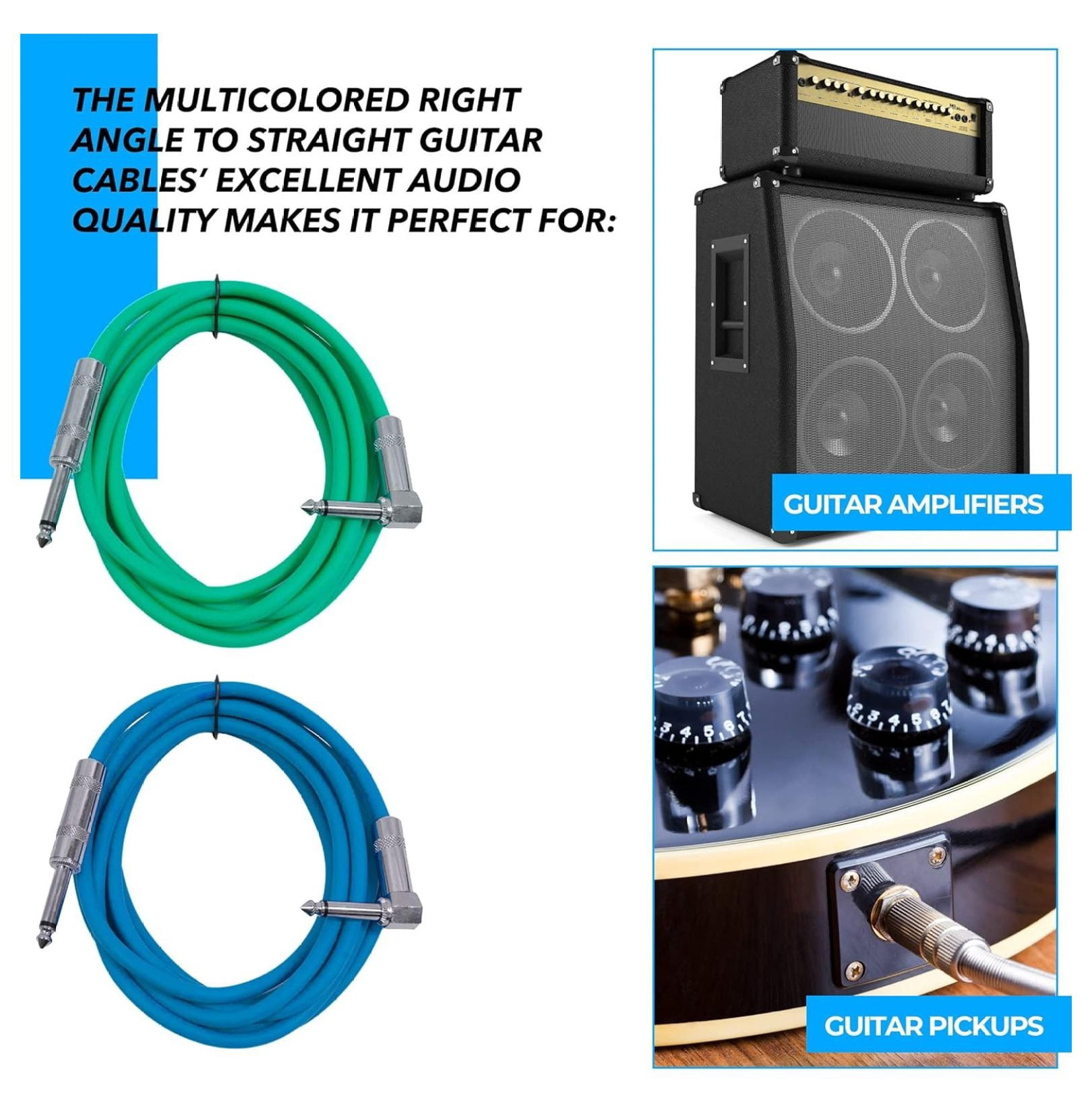 Speakers Guitar Cables, Right Angle To Straight Guitar Cables, Multicolor, 10 Feet, 6 Pack