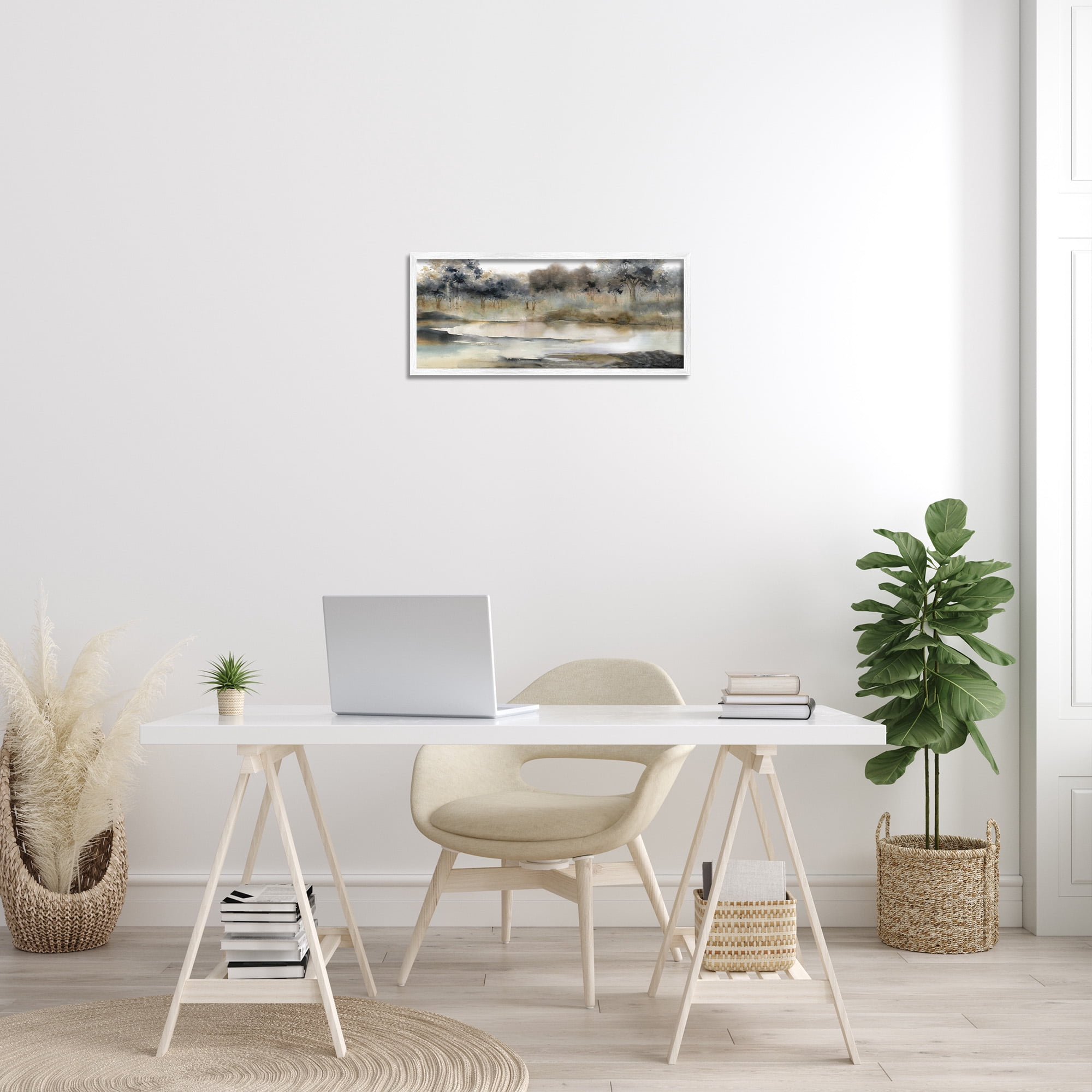 Trees By Lakeside Landscape White Framed Giclee Art, 24 x 10
