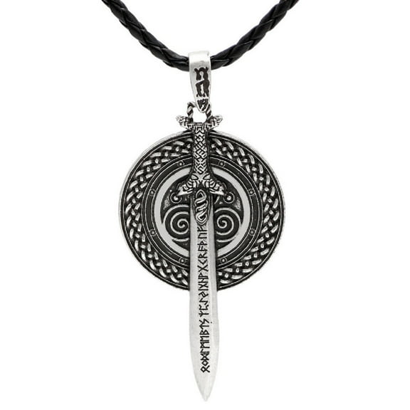 MayiaHey Viking Runes Sword Pendant, Norse Sword Shield Necklace for Men, Punk Warrior Sword Necklace Warrior Shield Jewelry, Rock Sword Runes Necklace Celtic Sword Shield Pendant Necklace