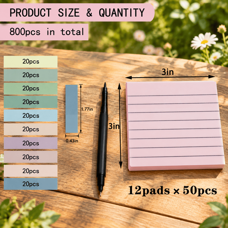 Light Pink Lined Transparent Sticky Notes Set with Dual-Tip Marker and ...