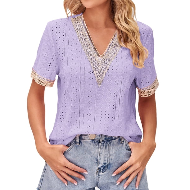 Gibobby Playera de Verano para Mujer Tops para mujer Casual Summer Lace V Neck Puff Sleeve Camisetas y blusas Fashion Eyelet(Morado,G)